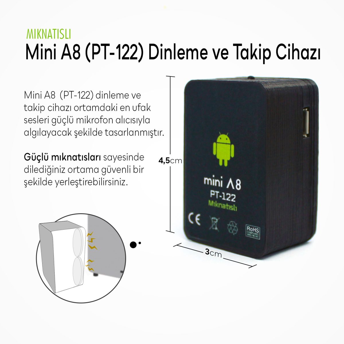 Mini dinleme cihazı A8 mıknatıslı model